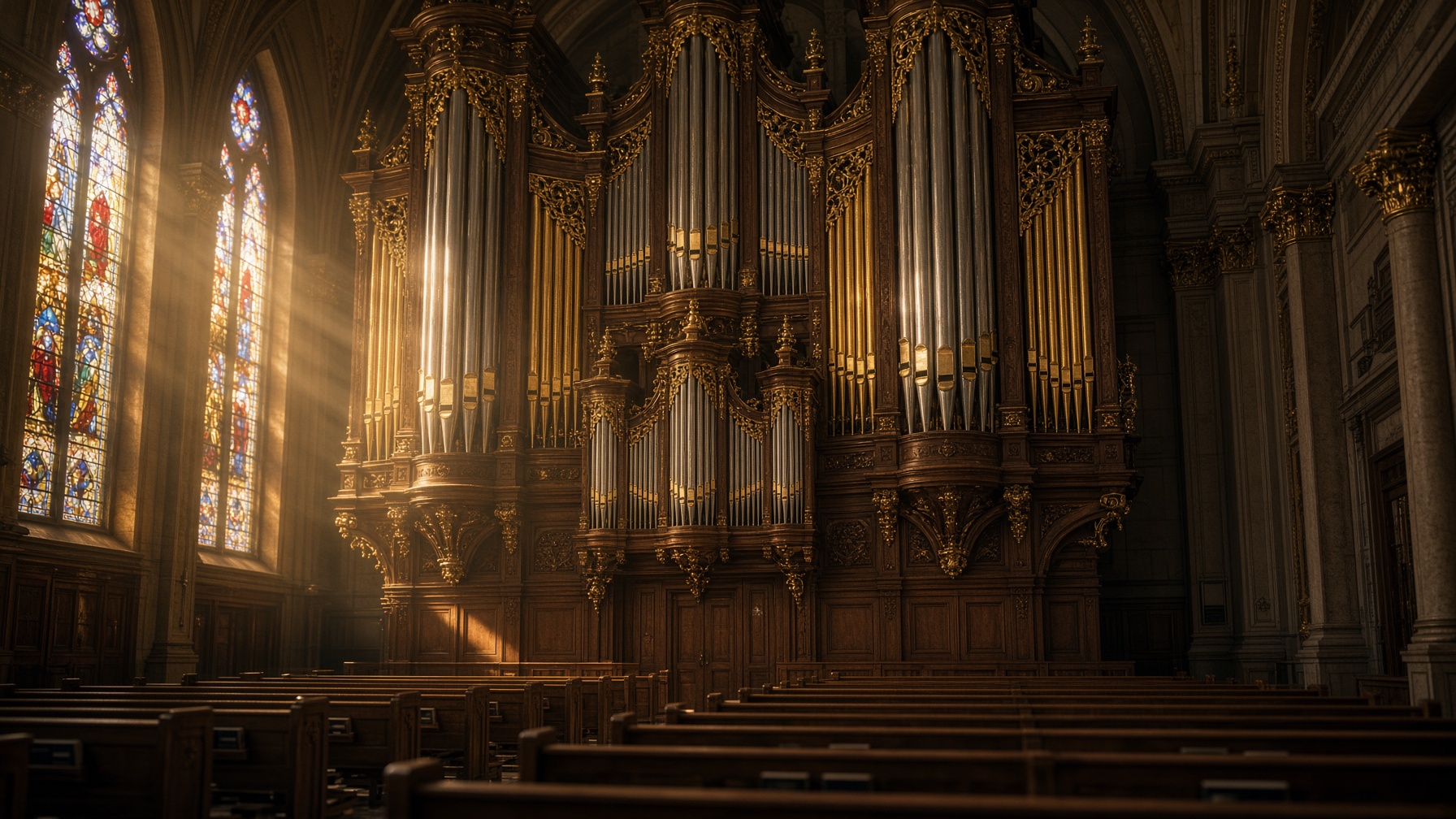 Pipe organ in a Catholic church choir loft